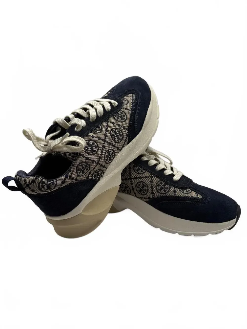 Tory Burch Navy Monogram Good Luck Trainer Jacquard and Suede Sneakers Size 10.5